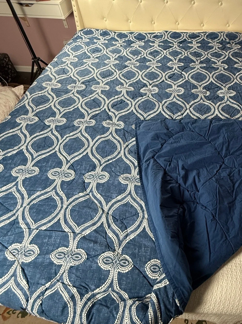 Pottery Barn Full Queen Comforter Blue Scroll Tile Kids Ogee Lattice Boys Room?